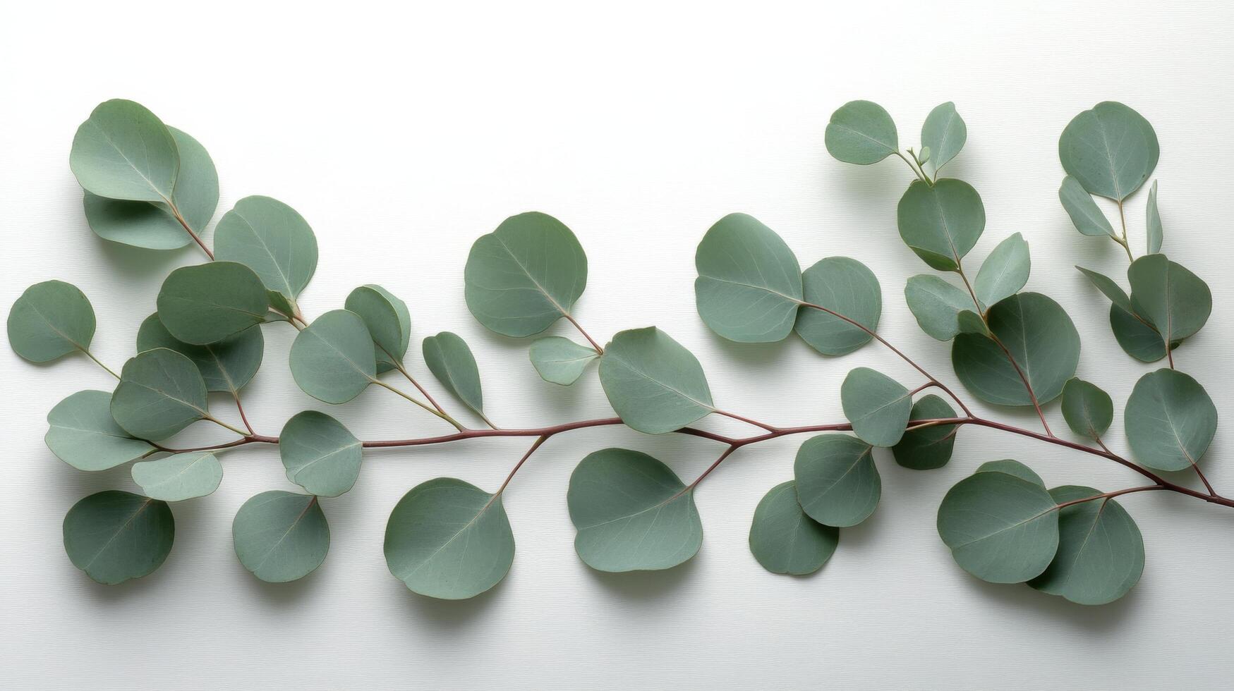 Fresh eucalyptus branch with rounded leaves resting against a plain background in natural light photo