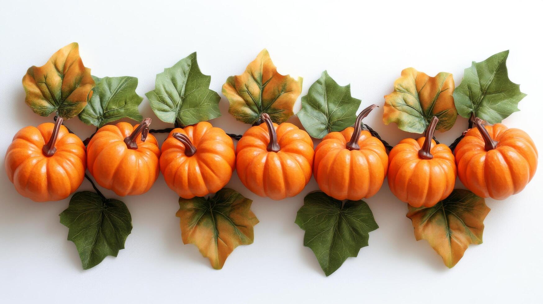 Colorful Halloween decorations featuring smiling pumpkins and autumn leaves on display photo