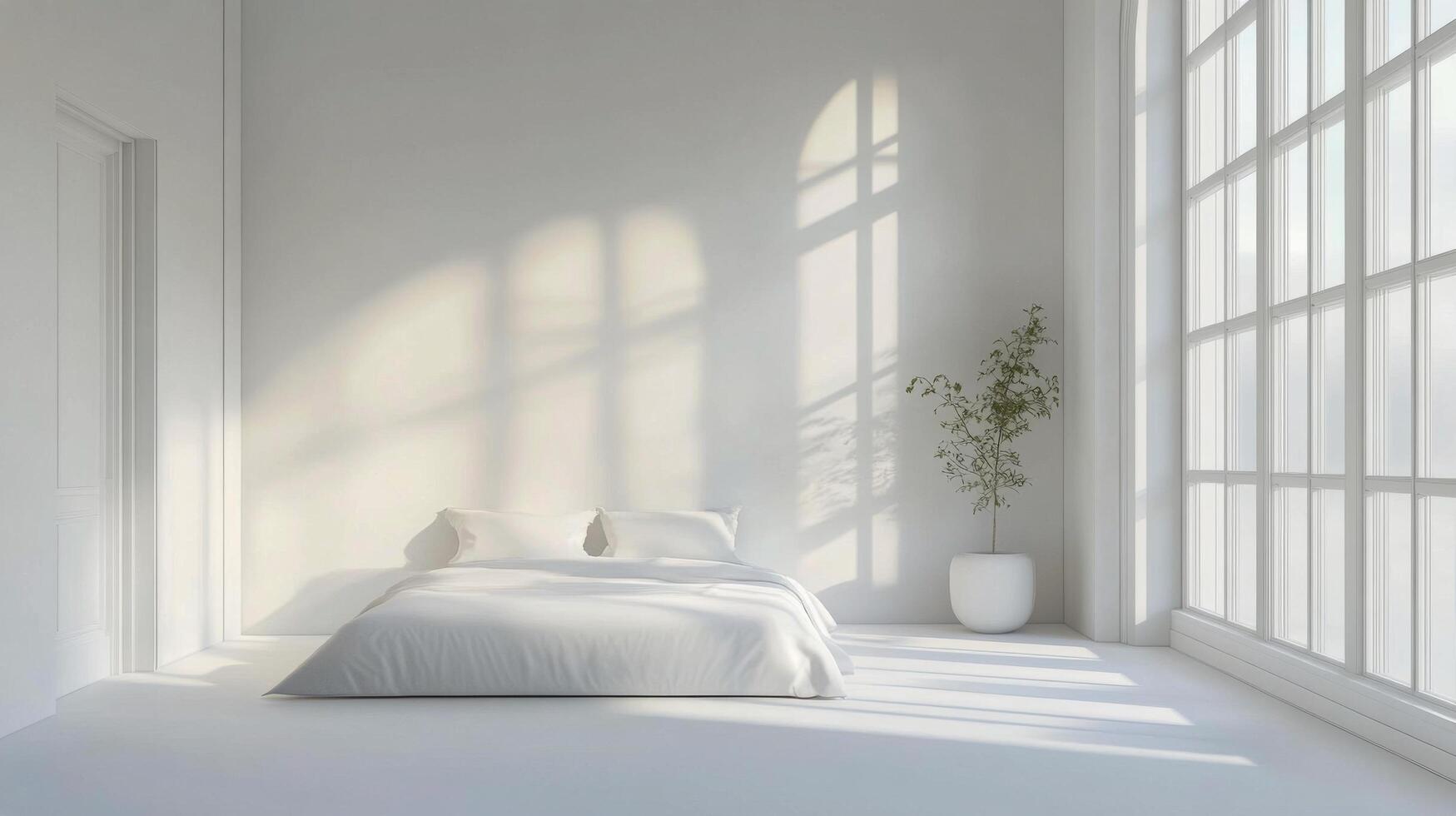 Bright minimalist bedroom with natural light and large windows during the day photo