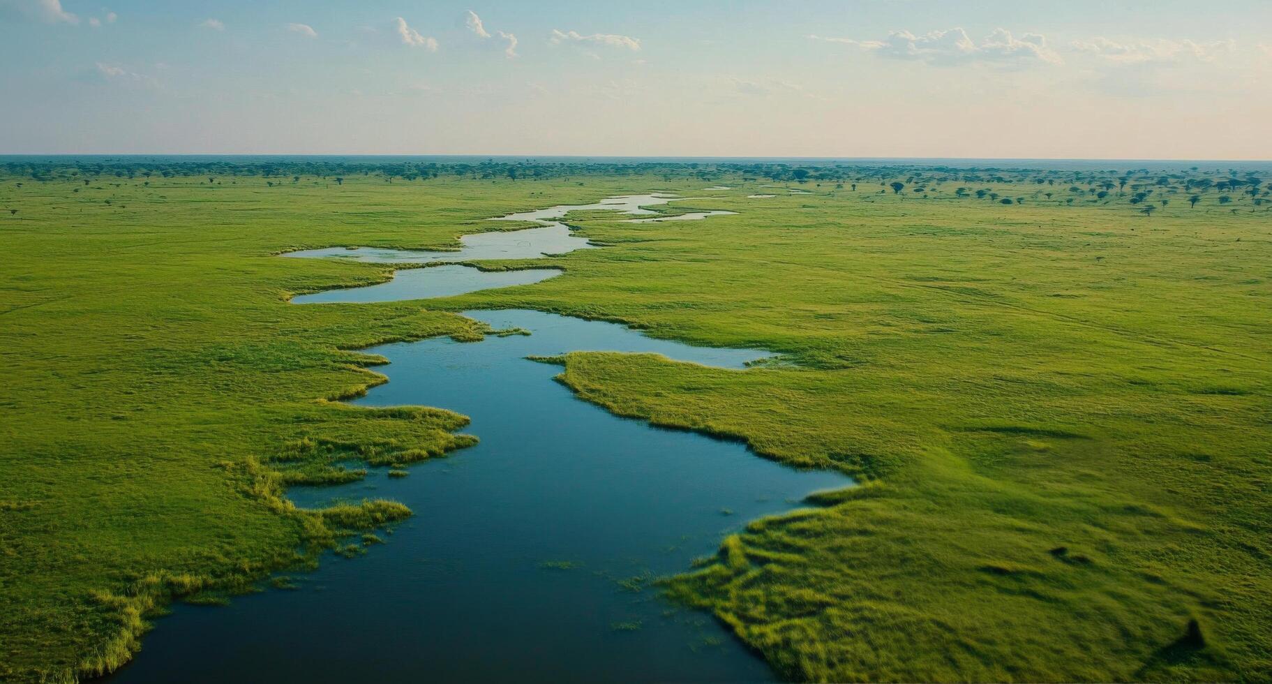 A serene view of a winding river flowing through lush green fields on a sunny day photo