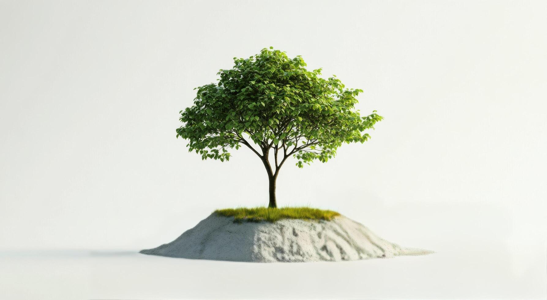 A solitary tree grows on a mound of stones against a minimalist background in soft lighting photo