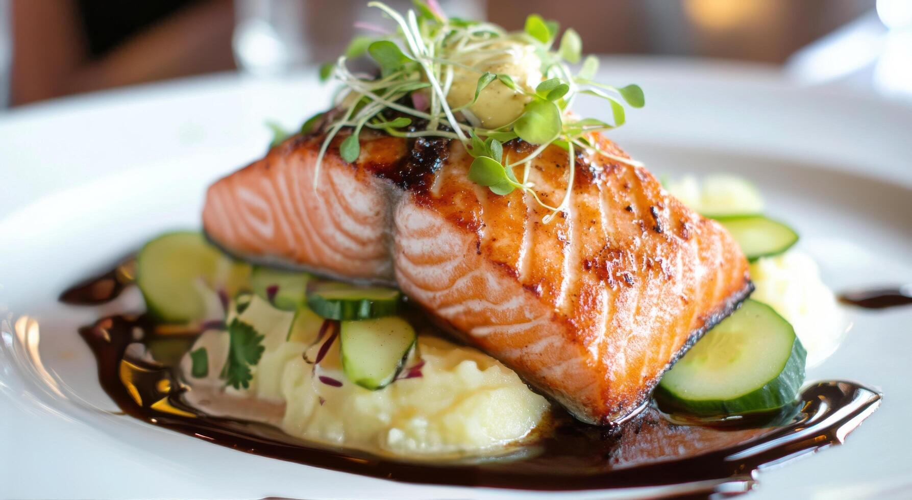 Freshly grilled salmon fillet served with creamy mashed potatoes and zucchini slices photo