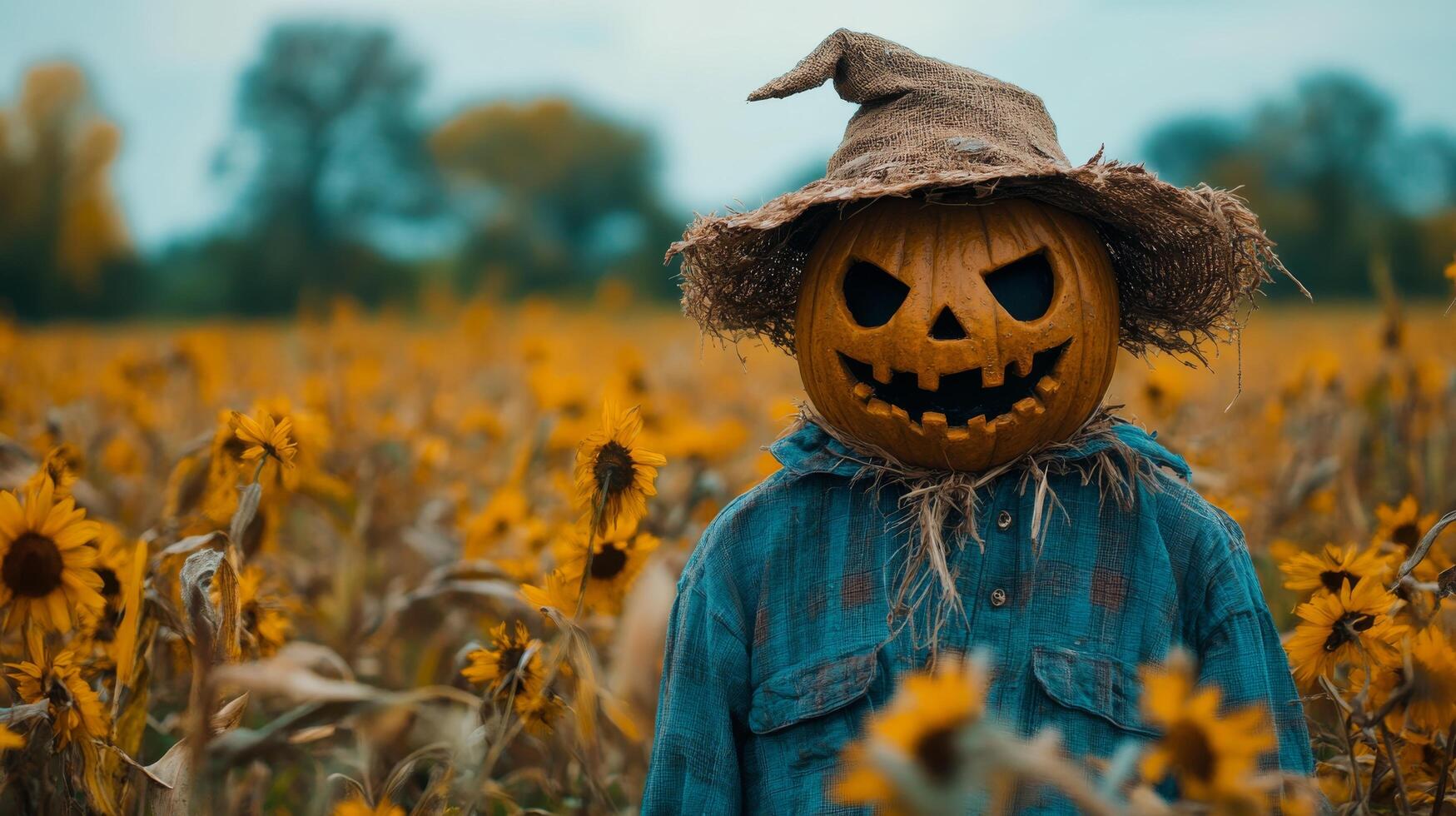Scarecrow with a carved pumpkin head standing amidst sunflowers in an autumn field photo