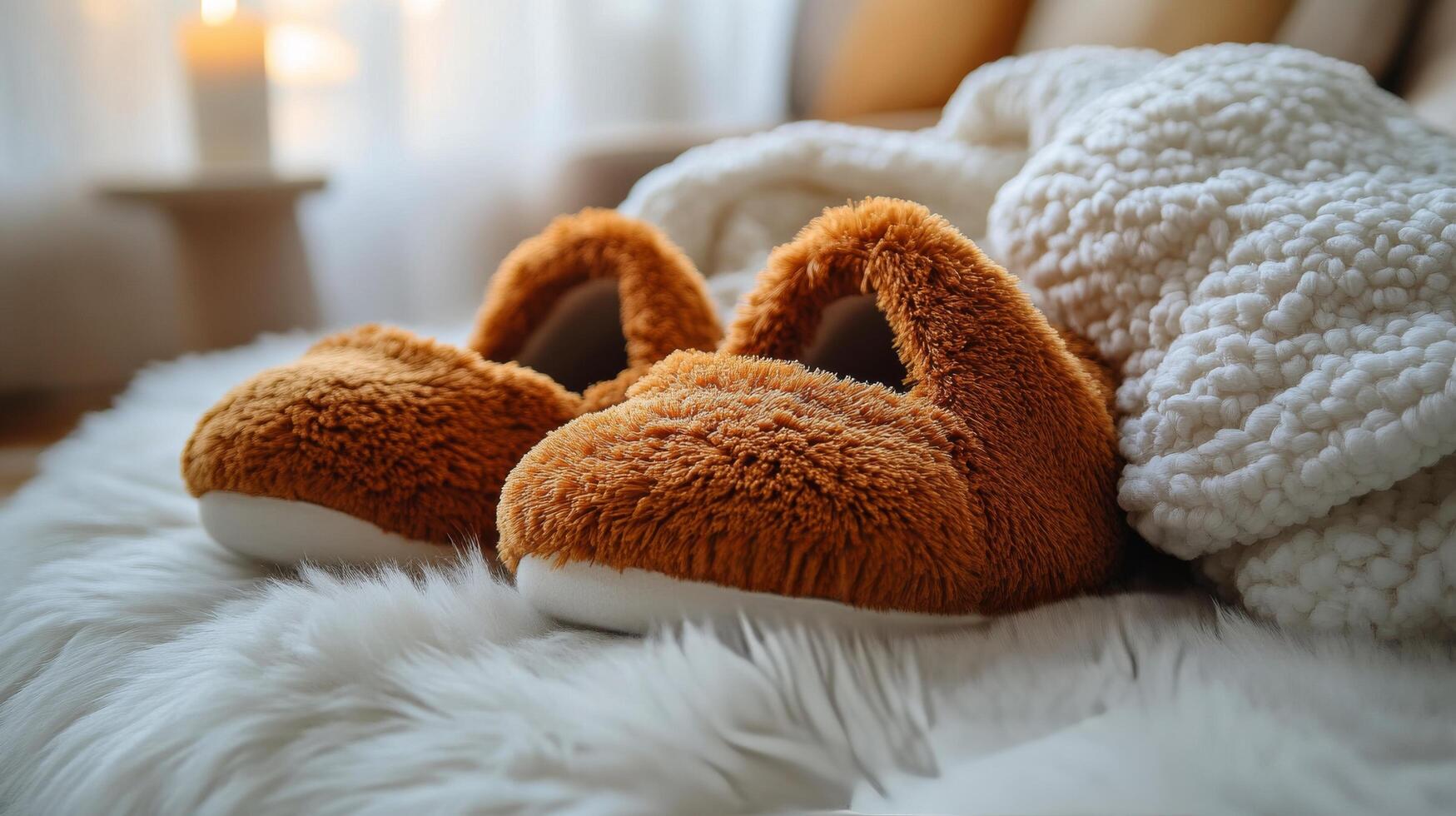 Cozy slippers resting on a plush rug in a warm and inviting indoor setting during the day photo