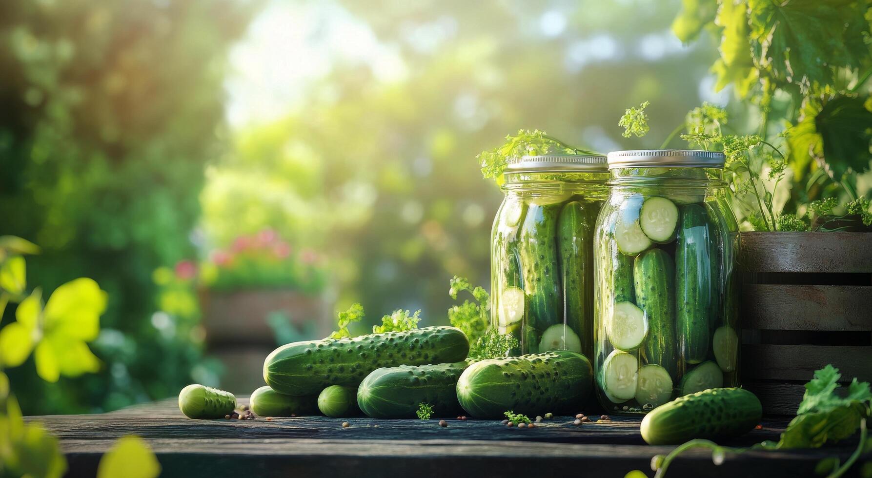 Fresh cucumbers preserved in a glass jar on a rustic wooden table surrounded by greenery photo