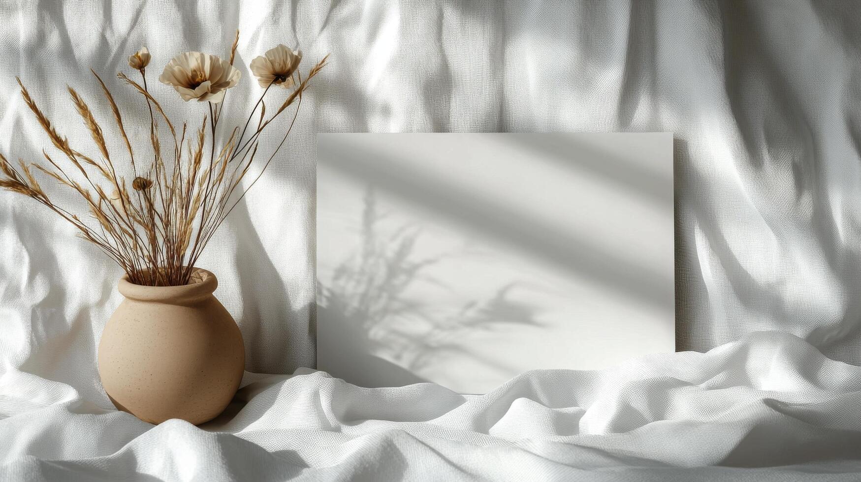 Minimalist still life with dried flowers and blank canvas on soft draped fabric indoors photo