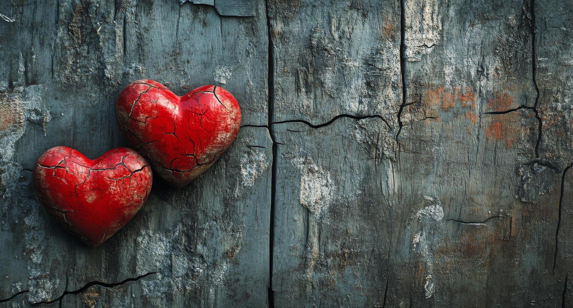 Three red decorative hearts resting on a rustic wooden table in soft natural light photo