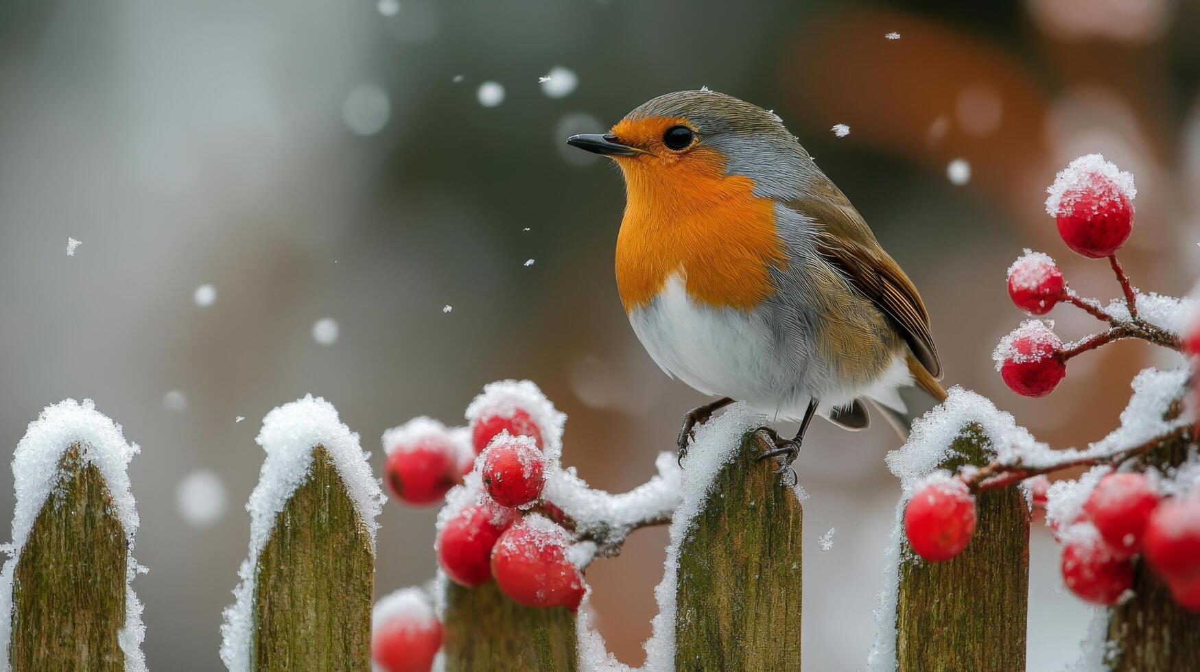 A charming robin perches on a snowy fence in a tranquil winter setting at sunset photo