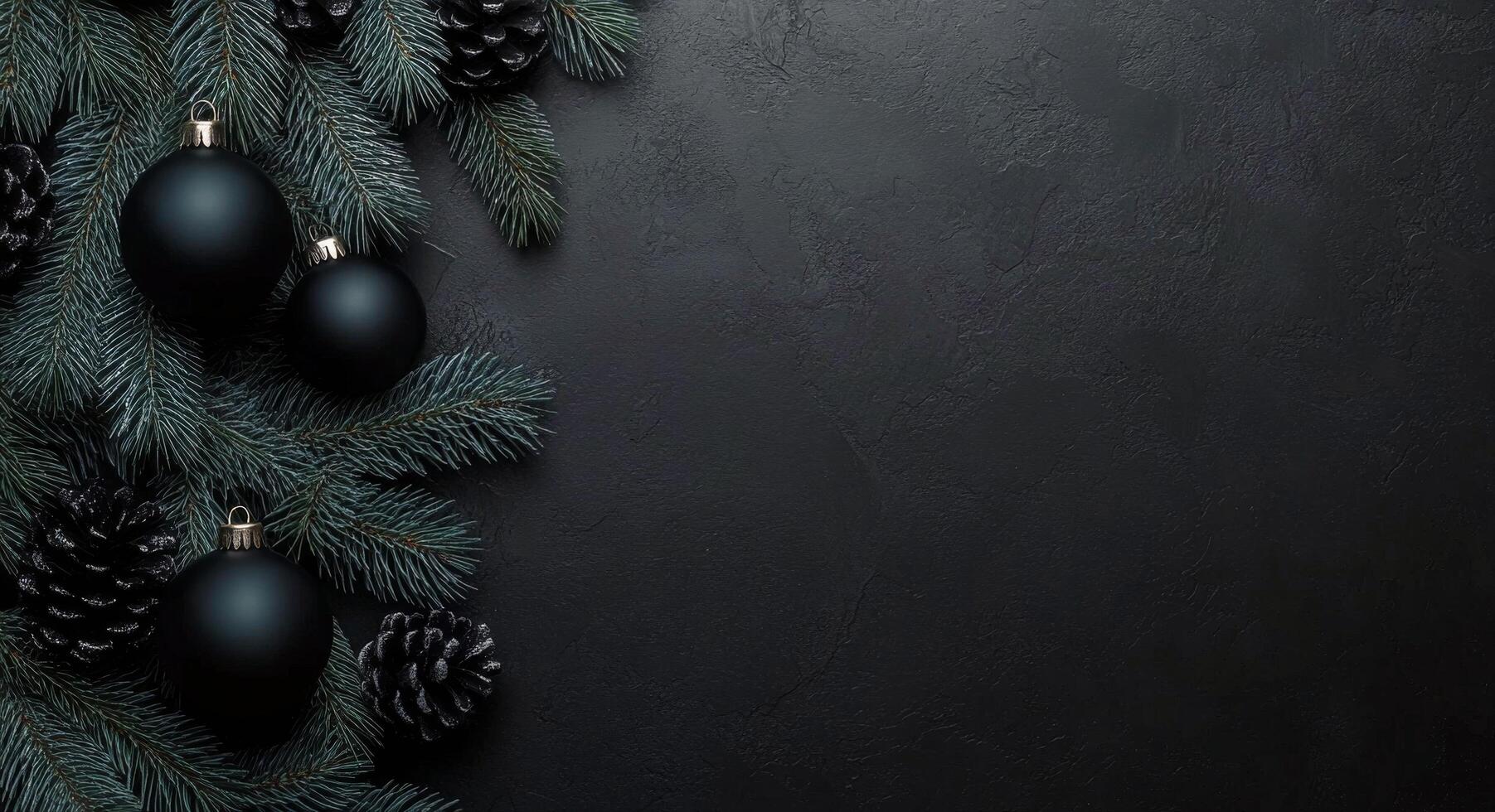 Festive black background with evergreen branches, pinecones, and black ornaments for holiday decor photo