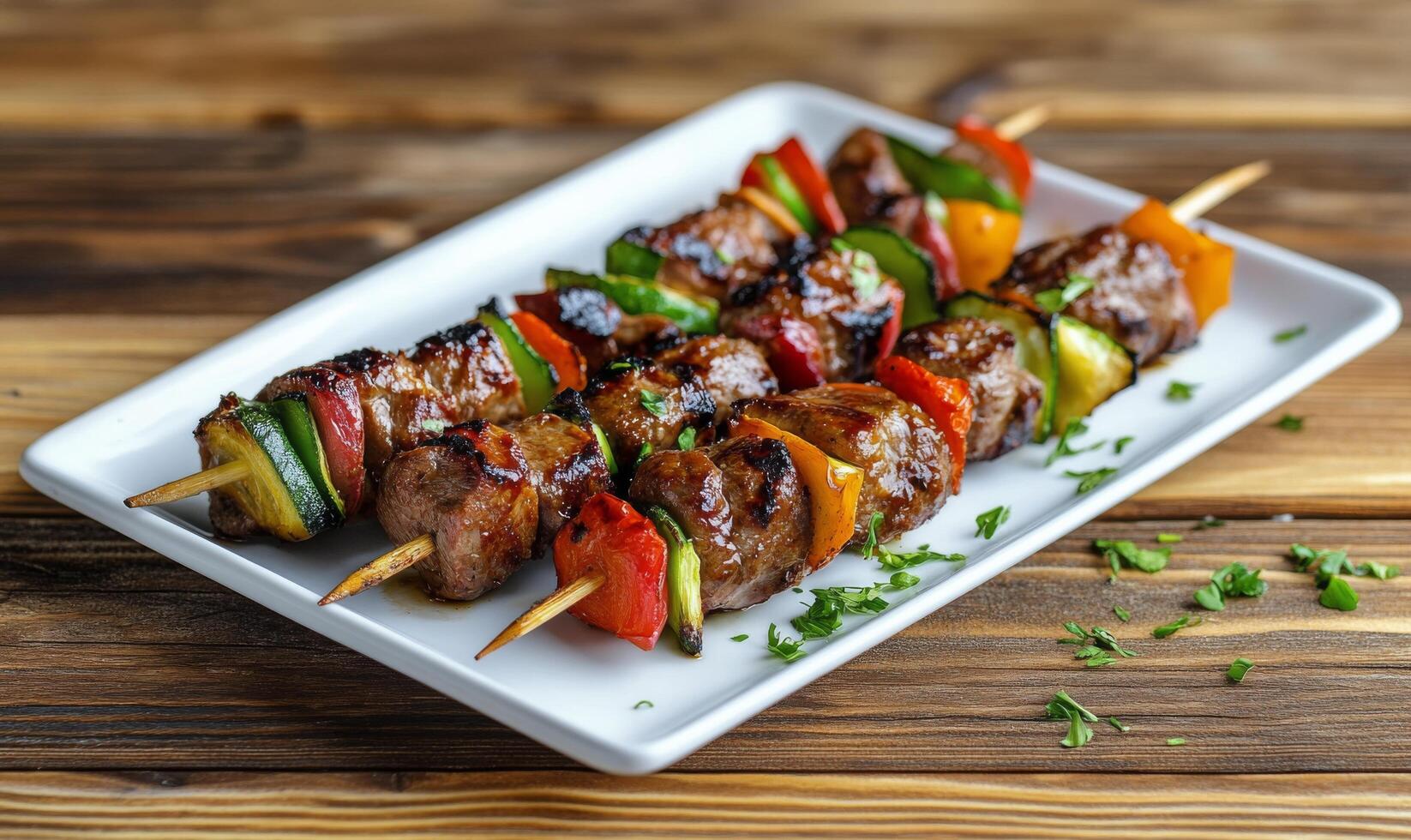 Grilled meat and vegetable skewers served on a white platter with a rustic wooden background photo
