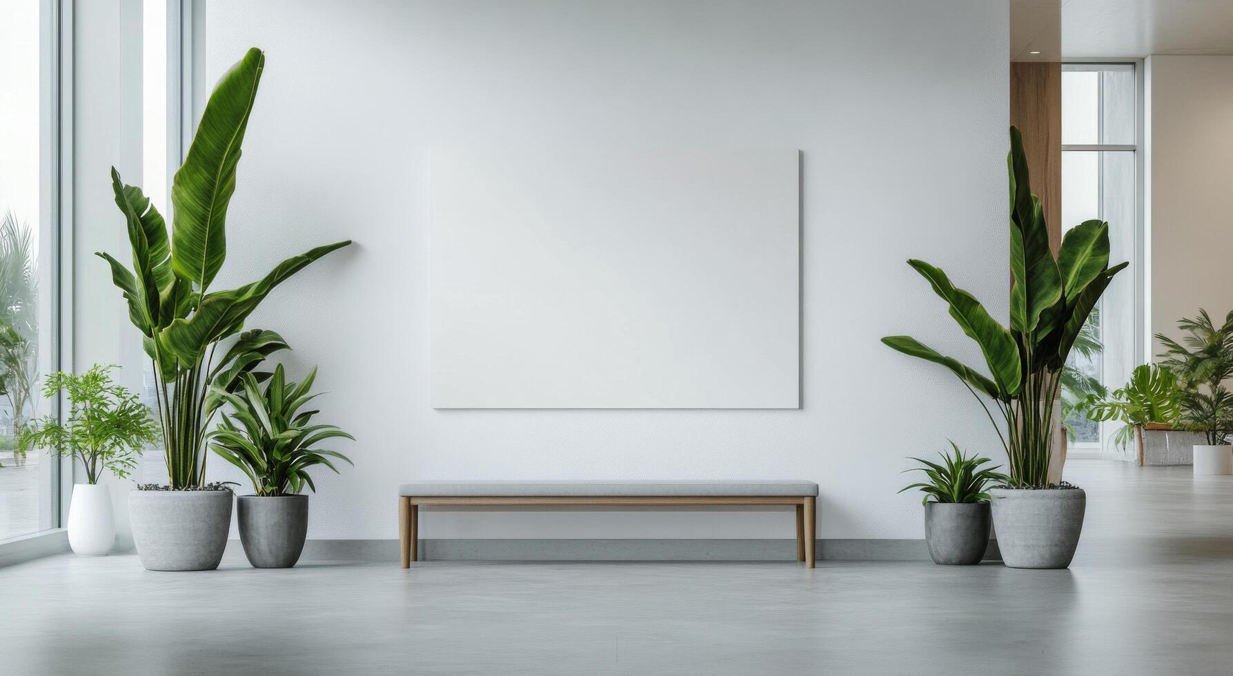 Modern minimalist interior design featuring plants and empty canvas in bright space photo