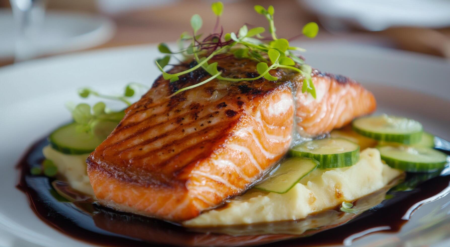 Freshly grilled salmon fillet served with creamy mashed potatoes and zucchini slices photo