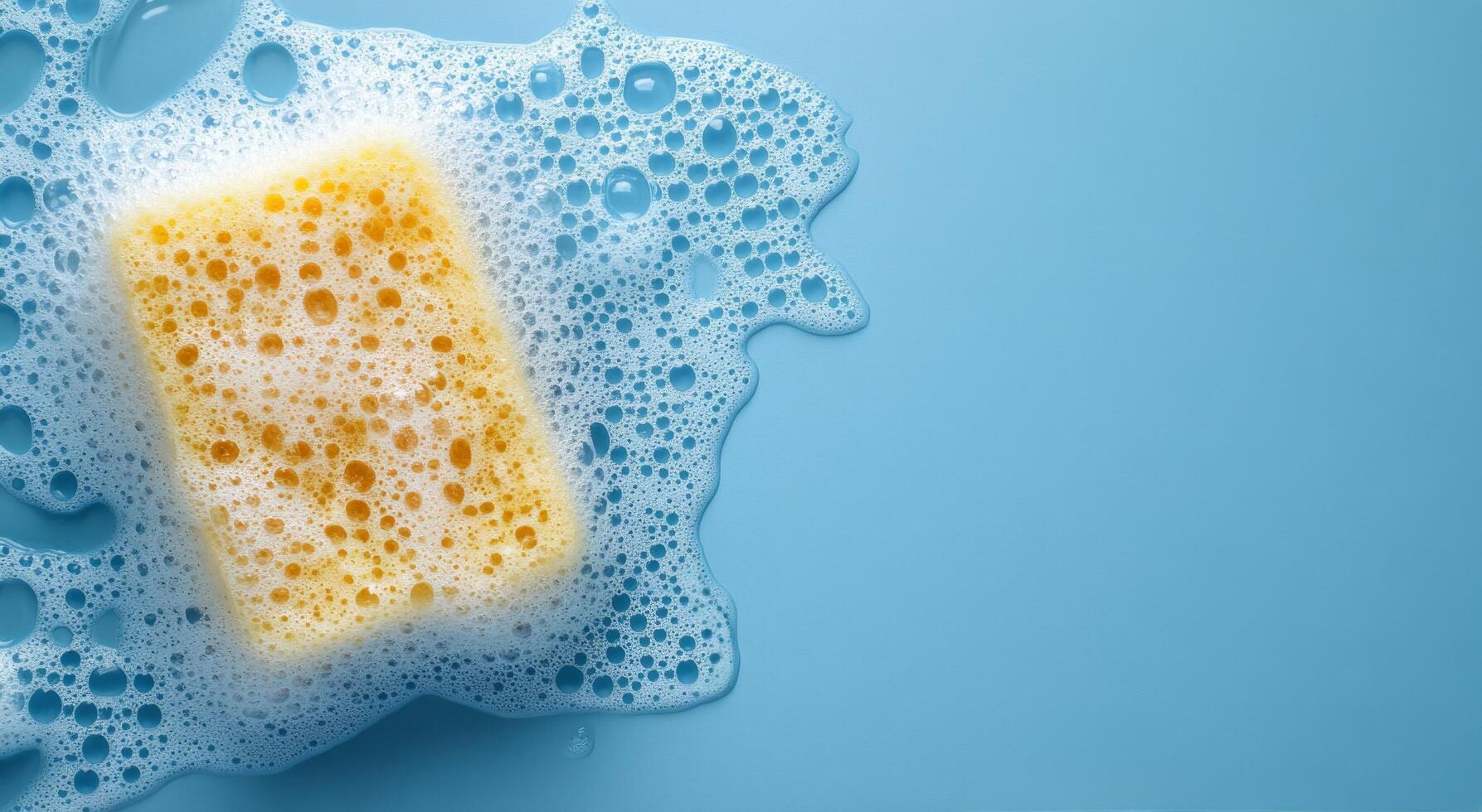 Soapy sponge resting on a blue surface with bubbles scattered around during cleaning activity photo