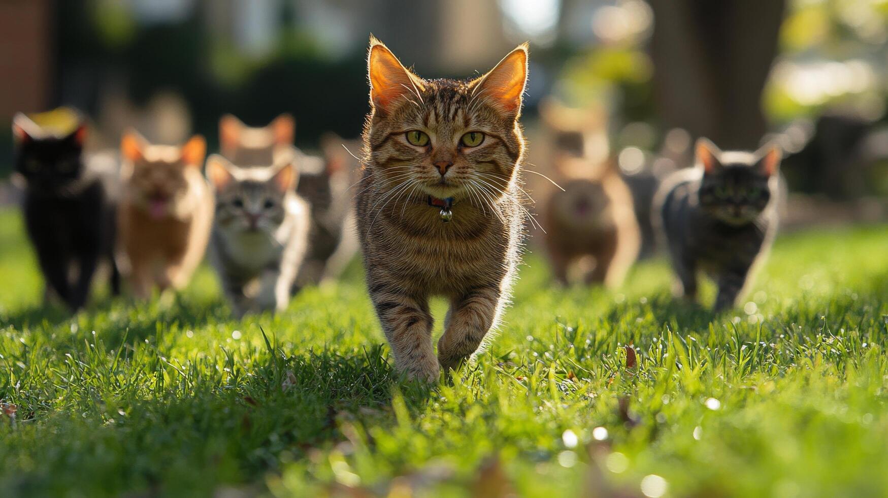 Four playful cats joyfully running through a colorful autumn park during golden hour photo