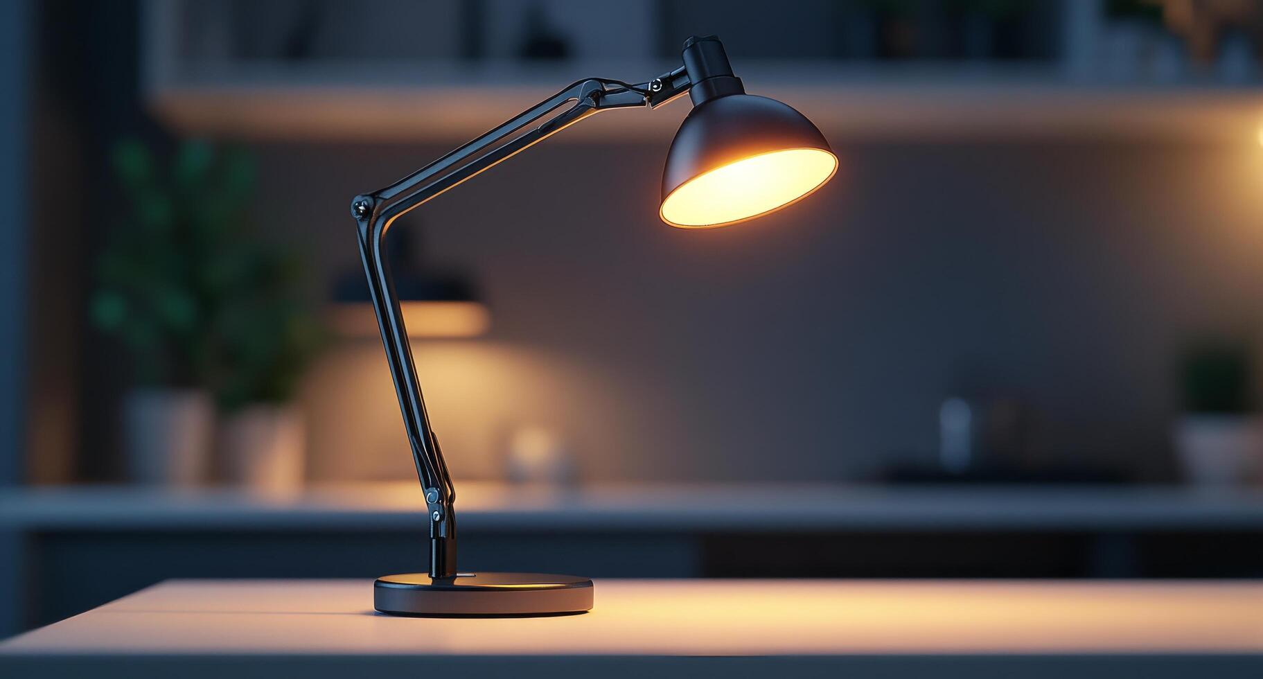 Modern desk lamp with sleek design illuminating a workspace in a minimalist setting photo