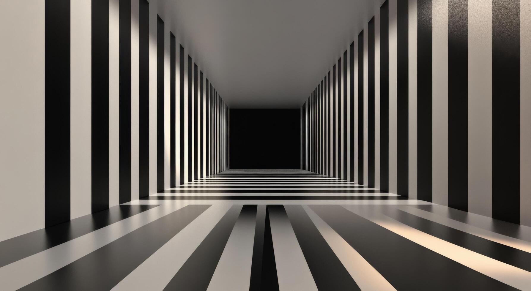 Striking black and white striped hallway with an overhead skylight in a modern building photo