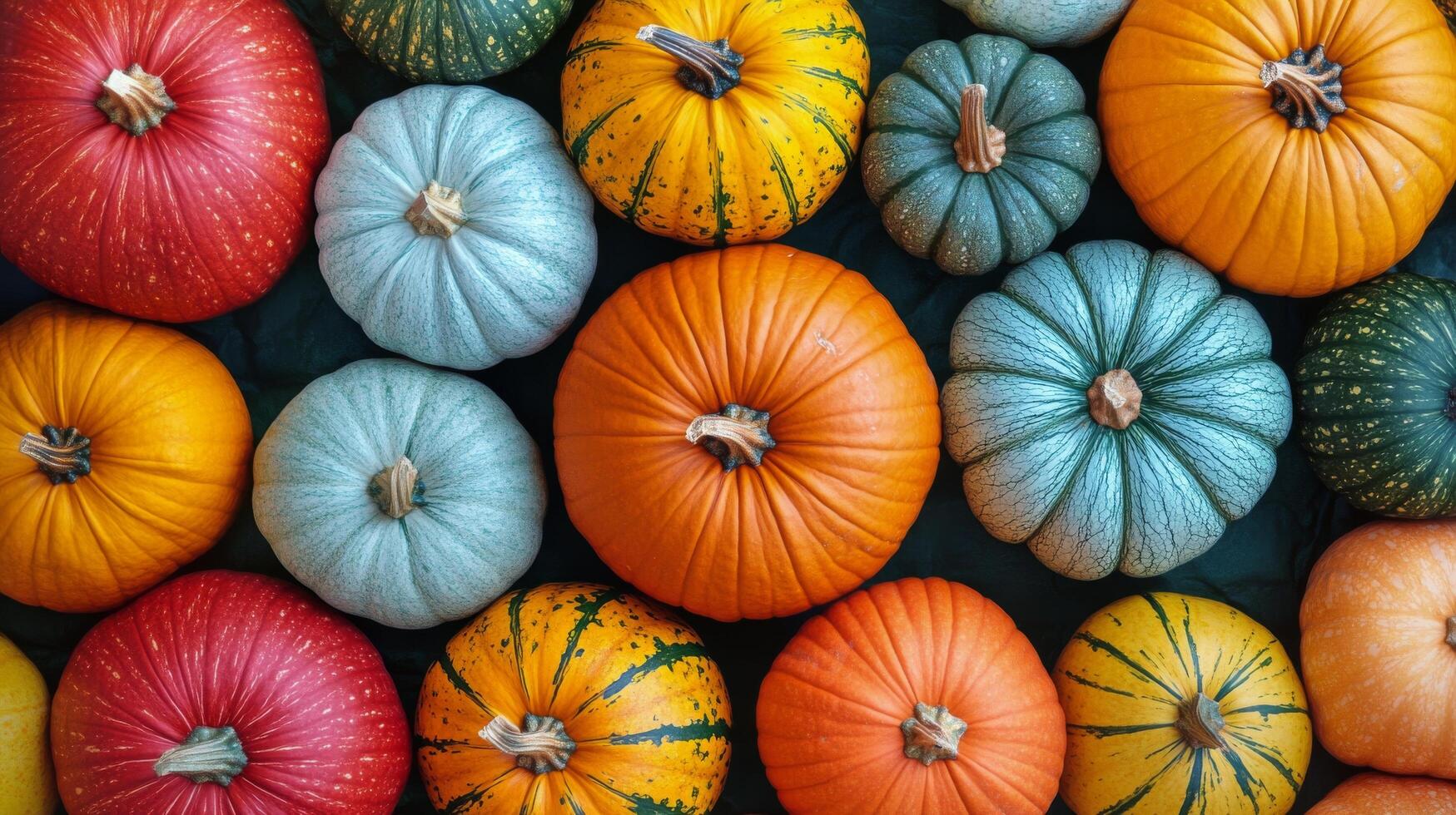 A colorful assortment of pumpkins arranged together on a table for autumn decoration photo