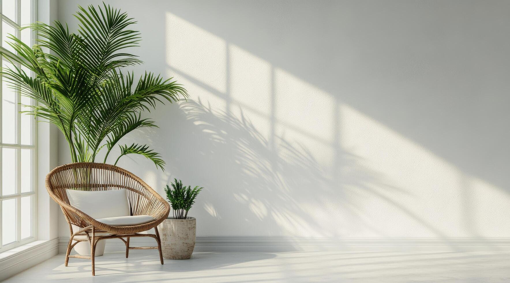 Modern interior design featuring a chair and a potted plant by a sunlit window photo