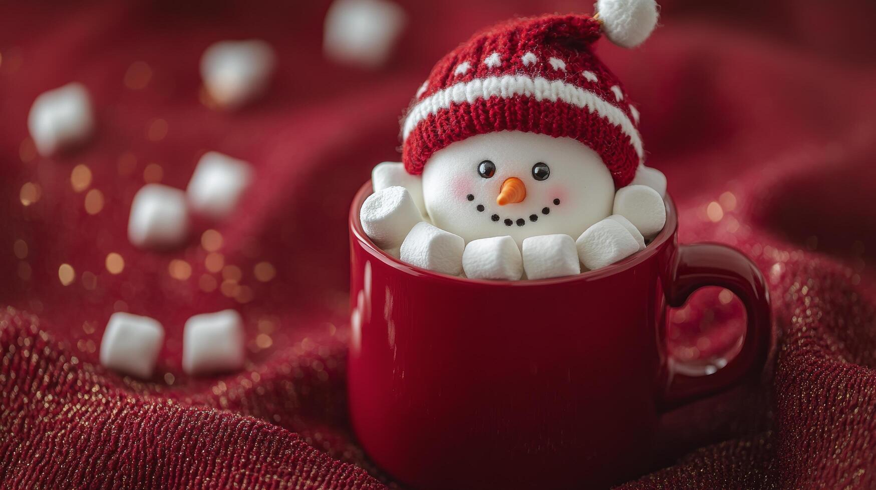 A cheerful snowman nestled in a red mug surrounded by marshmallows during winter festivities photo