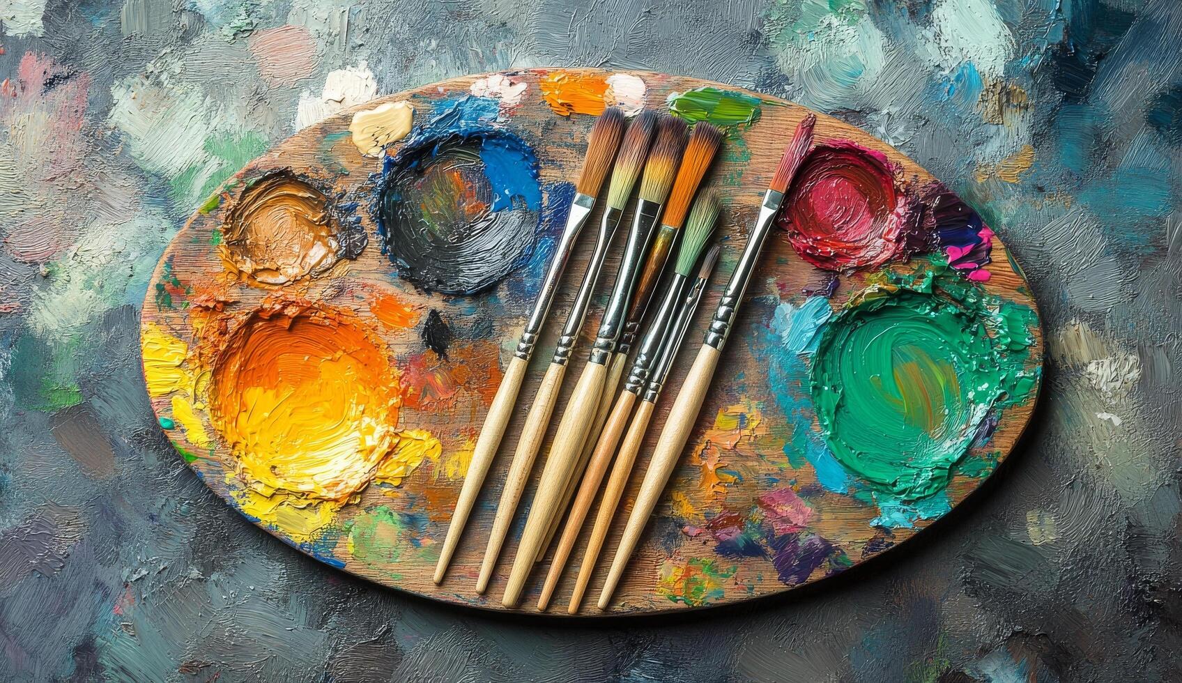Colorful paint palette with brush strokes and paintbrushes resting on a vibrant surface photo