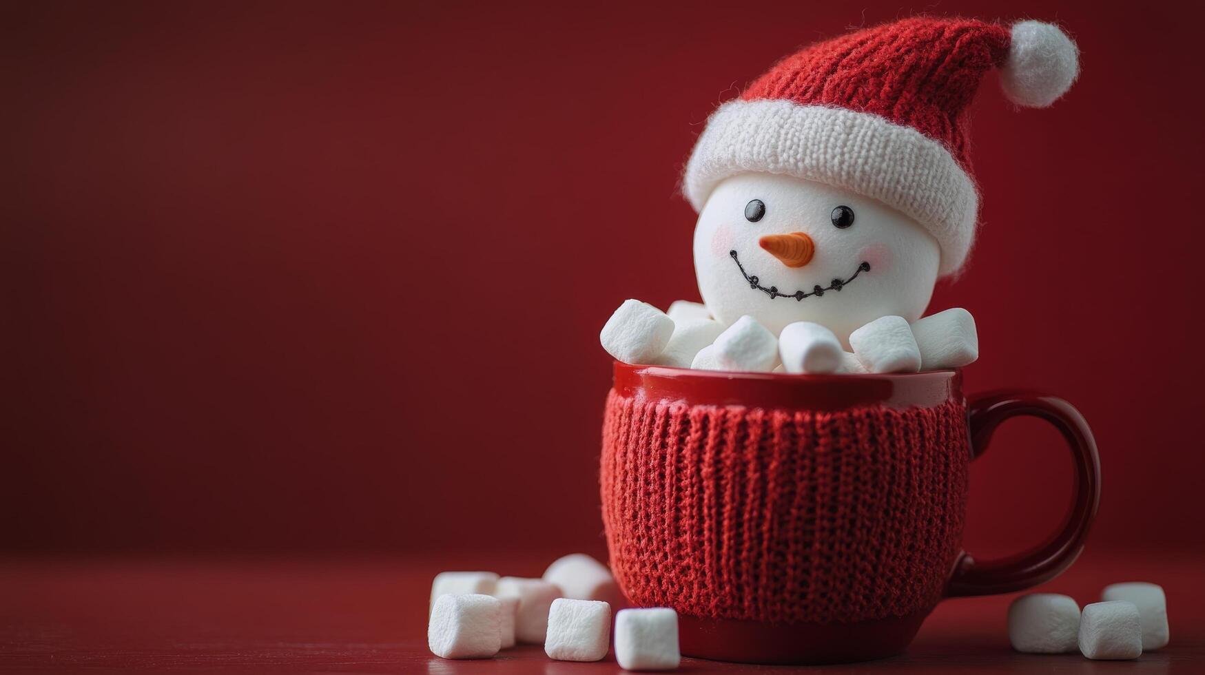 A cheerful snowman nestled in a red mug surrounded by marshmallows during winter festivities photo