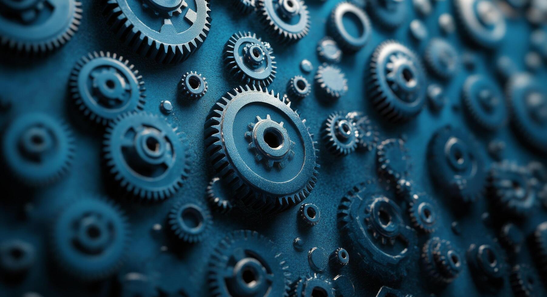 Intricate arrangement of metallic gears against a textured blue background in industrial design photo