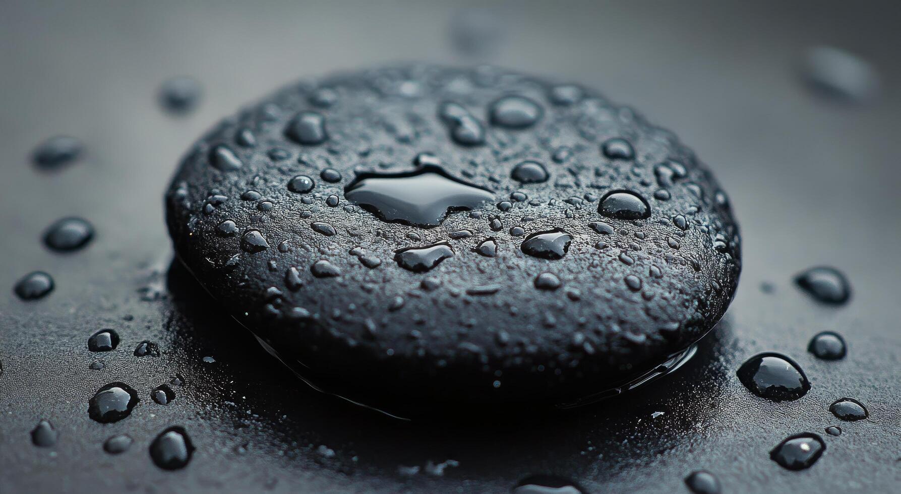 Smooth black stone with water droplets resting on a dark surface surrounded by greenery photo