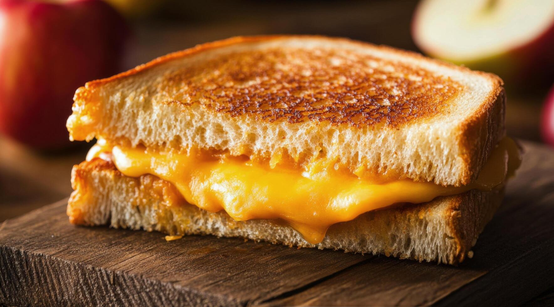 Grilled cheese sandwich with melted cheese served alongside fresh apples in a rustic setting photo