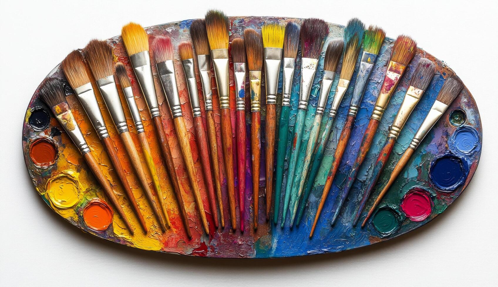 Colorful paint palette with brush strokes and paintbrushes resting on a vibrant surface photo