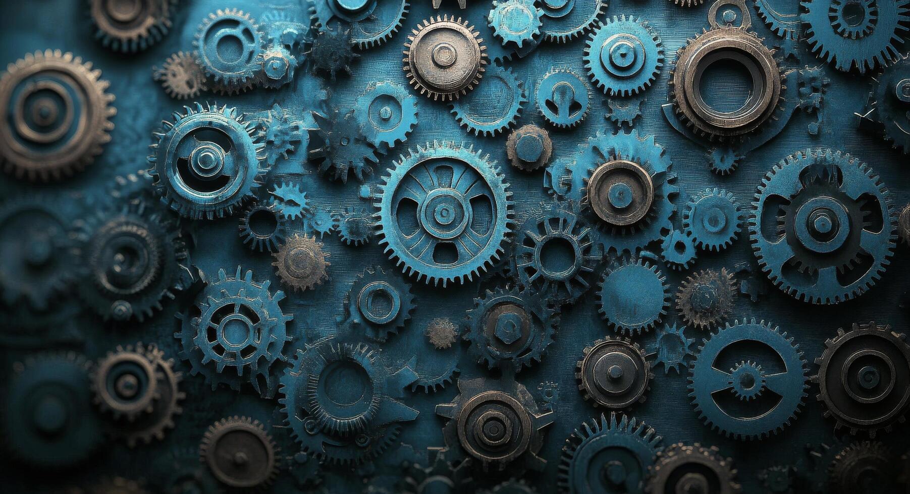 Intricate arrangement of metallic gears against a textured blue background in industrial design photo