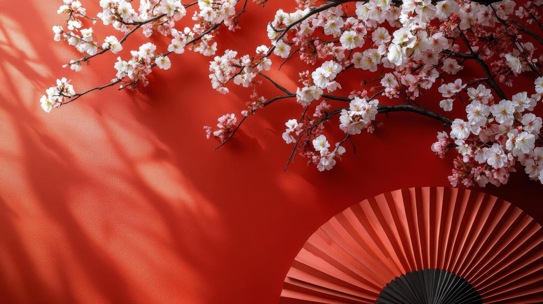 Red background with pink cherry blossoms and decorative circular fans in harmony photo