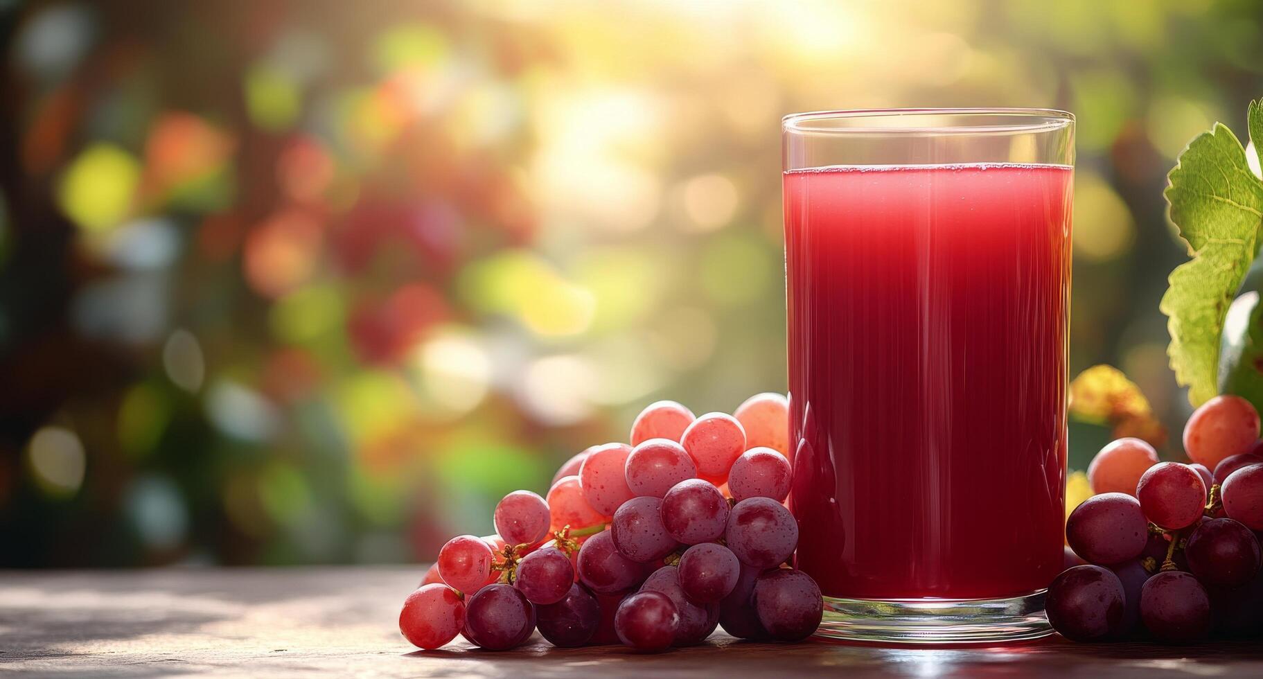 Refreshing grape juice in a glass surrounded by fresh grapes in natural sunlight photo