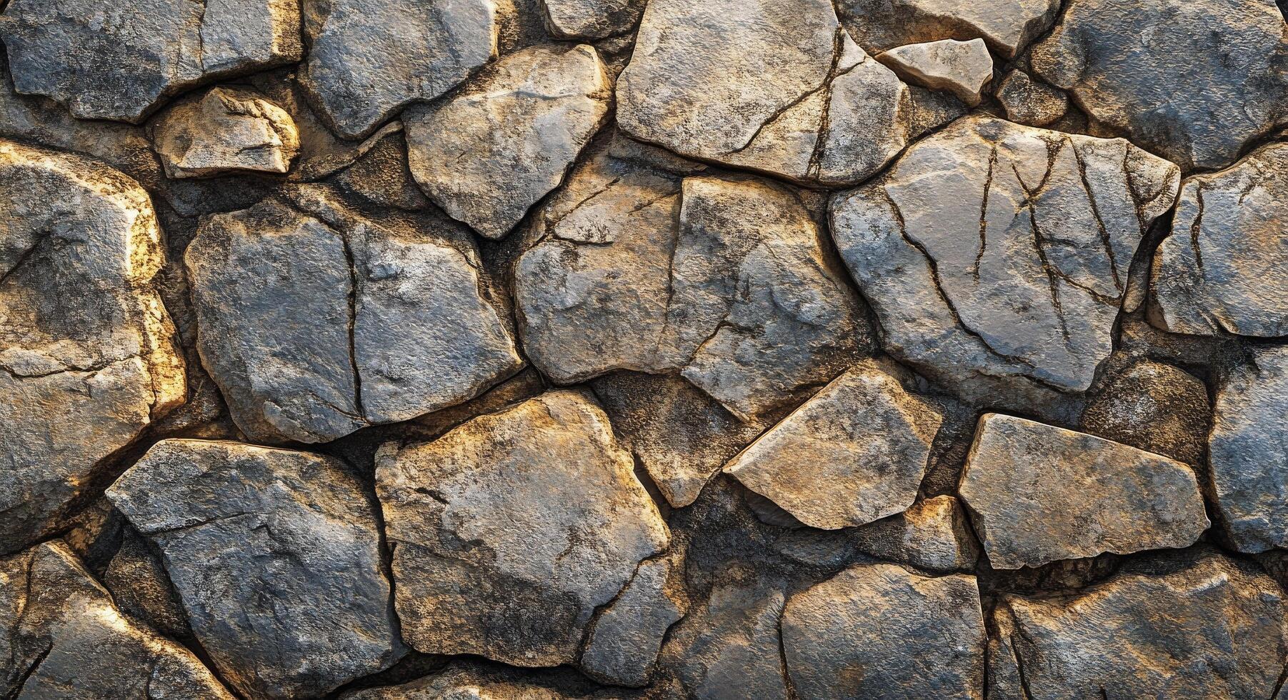 Close-up of a weathered stone wall showcasing various textured stones in natural shades photo