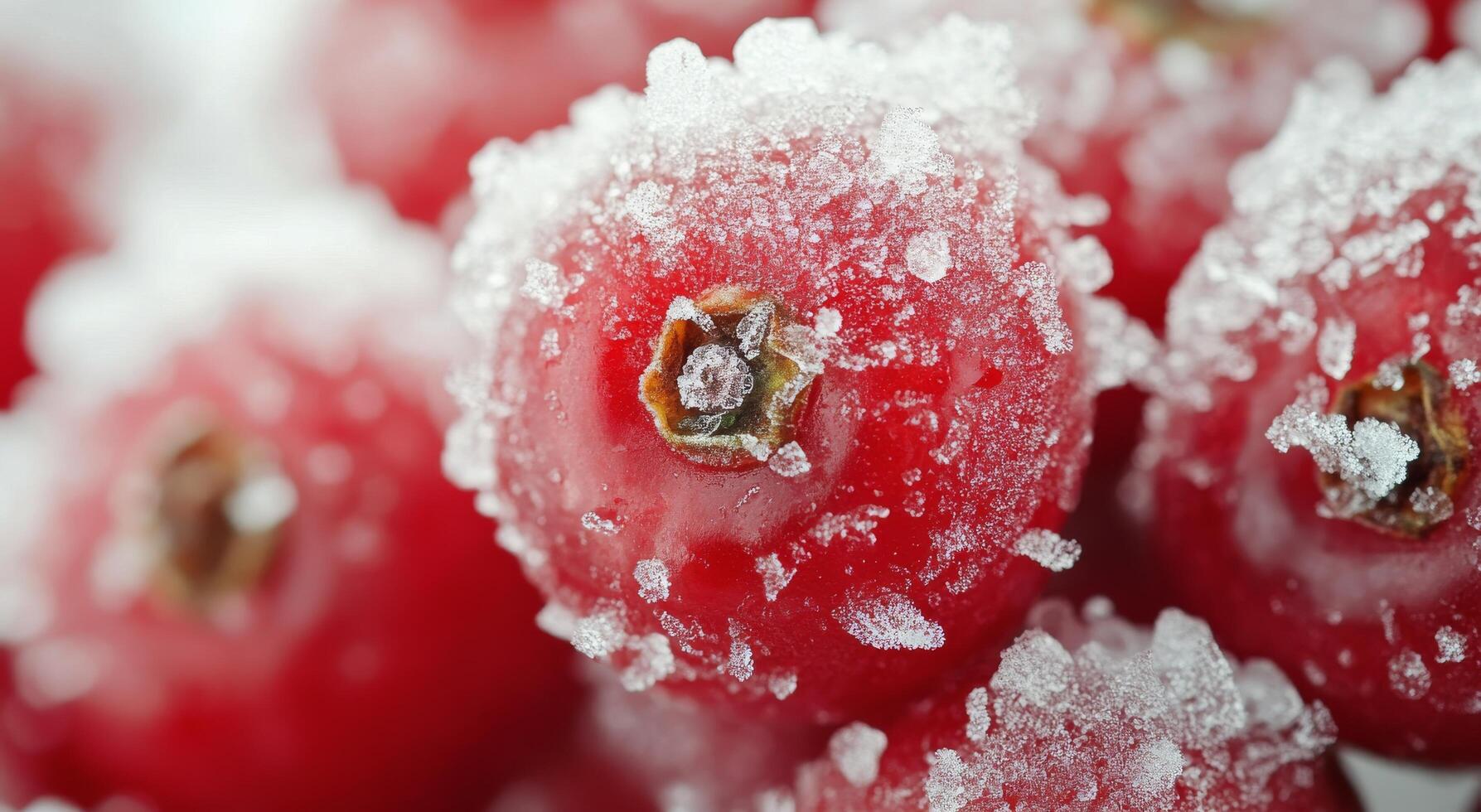 Frost-covered red berries resting on a white snowy surface in a winter landscape photo