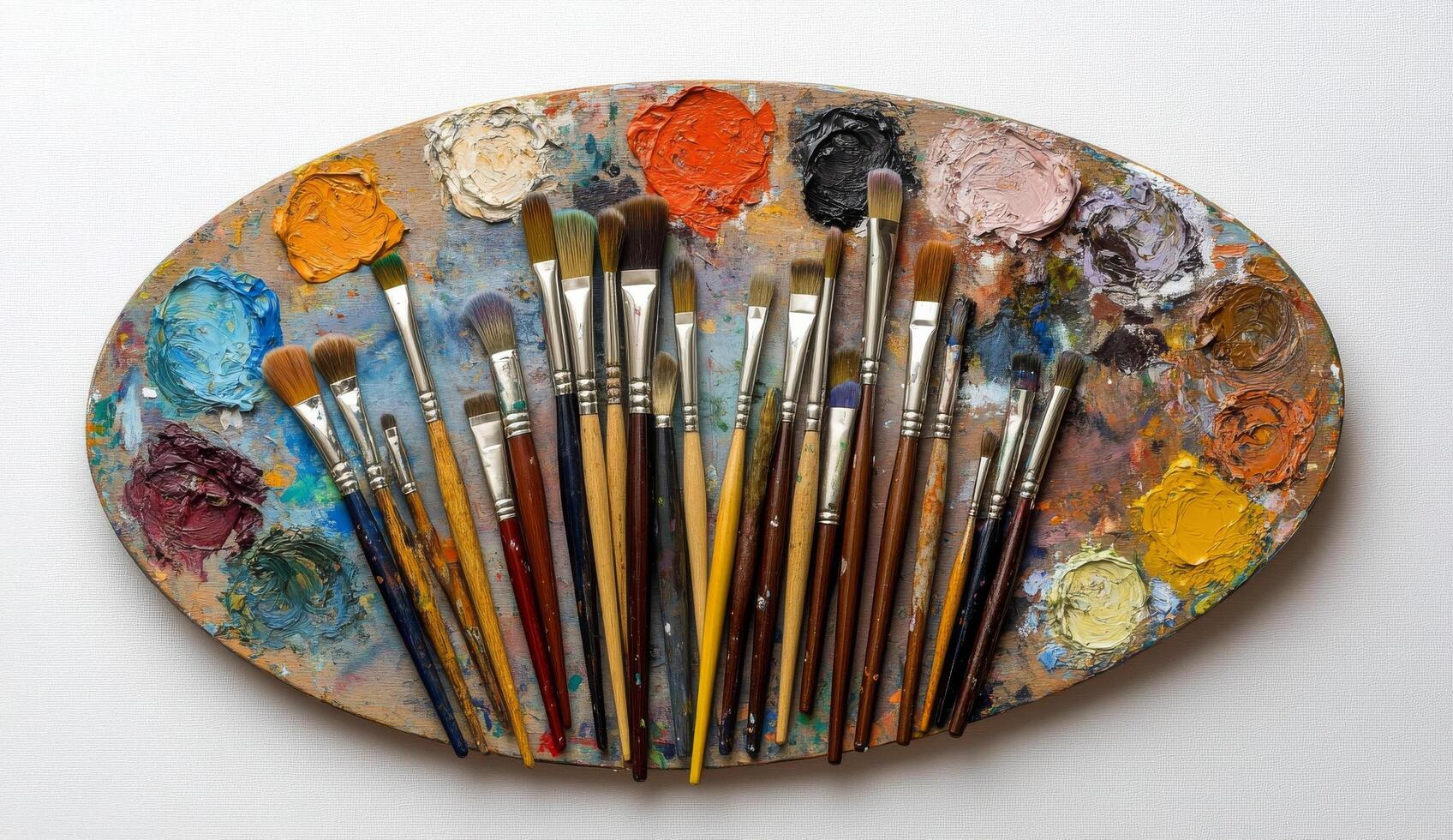 Colorful paint palette with brush strokes and paintbrushes resting on a vibrant surface photo