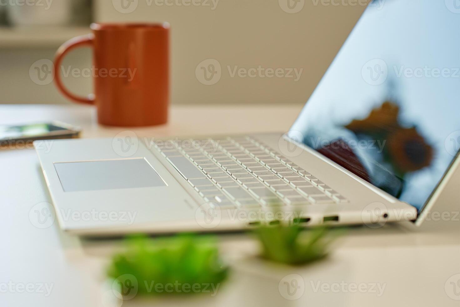 Modern laptop computer on white table in sunny home office. Remote workplace with laptop, potted plants and coffee mug on white desk photo
