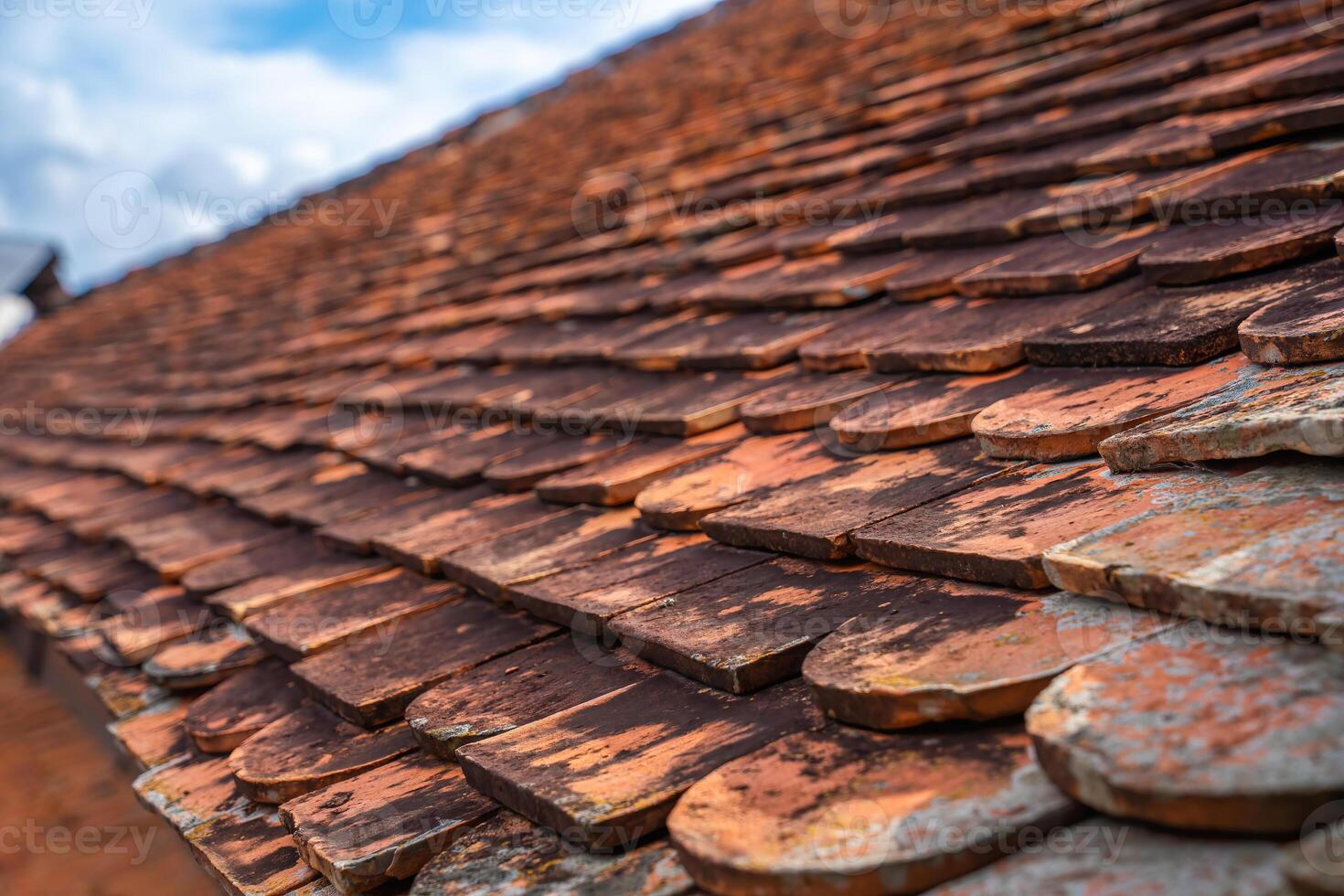 Orange tiles pattern background, Details of new modern orange roof brick, Shingles texture, Abstract geometric pattern, Roof top material of old house photo