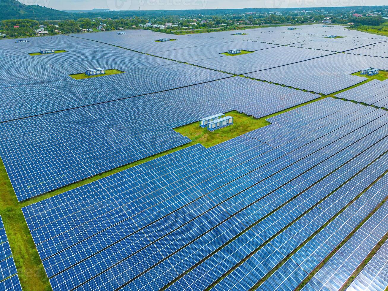 Top view of Solar panels on farm. Alternative source of electricity. solar panels absorb sunlight as a source of energy to generate electricity creating sustainable energy photo