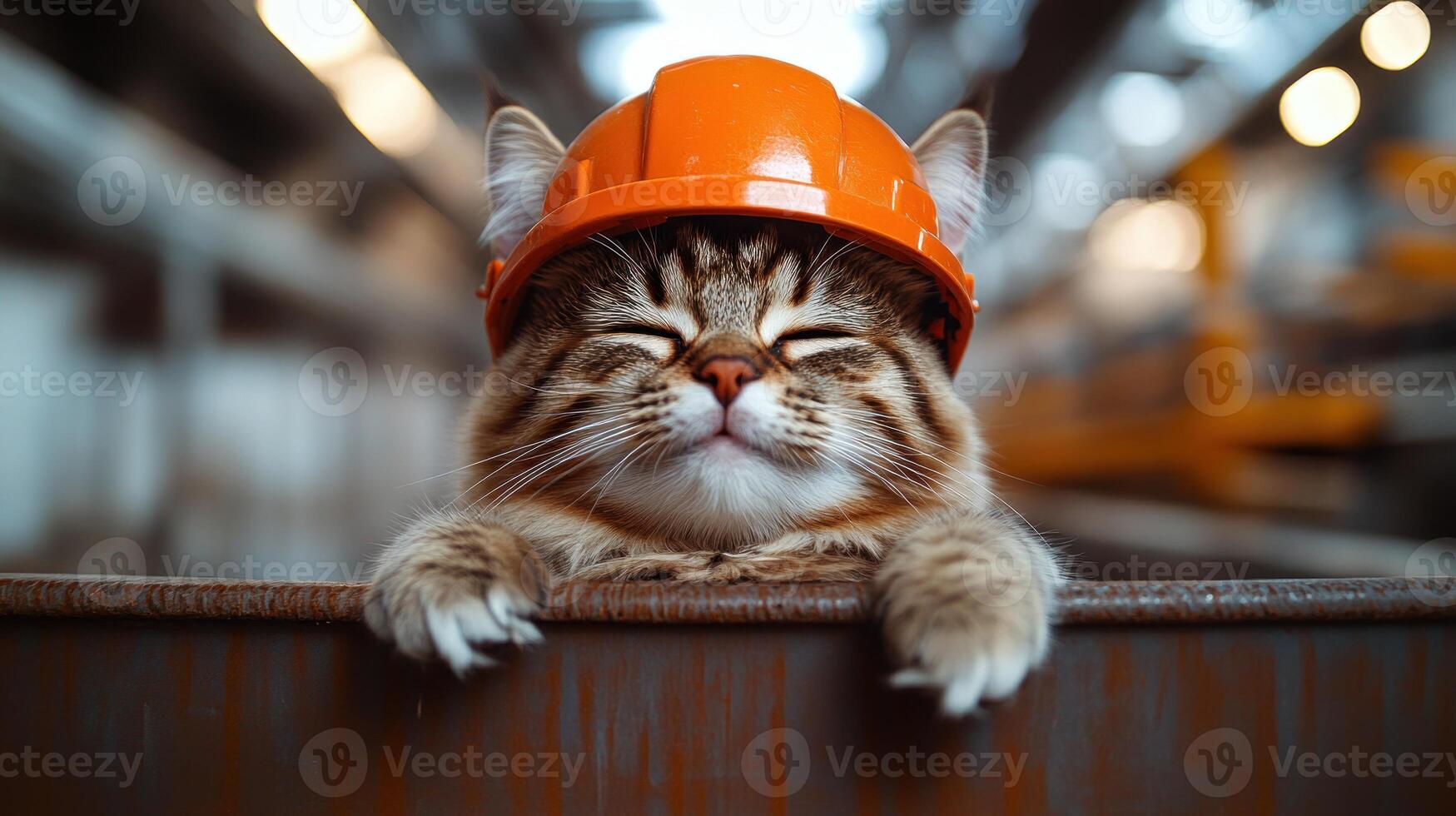 A playful tabby cat enjoys a sunny moment, donning a hard hat on the worksite photo