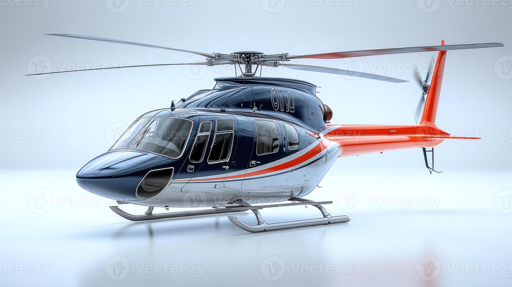 A blue and orange helicopter rests elegantly in a bright space, highlighting its design photo
