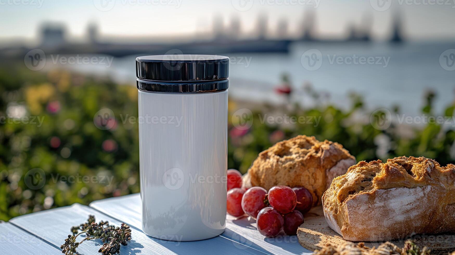 Enjoying a tranquil moment with baked goods and coffee by the beautiful shoreline photo