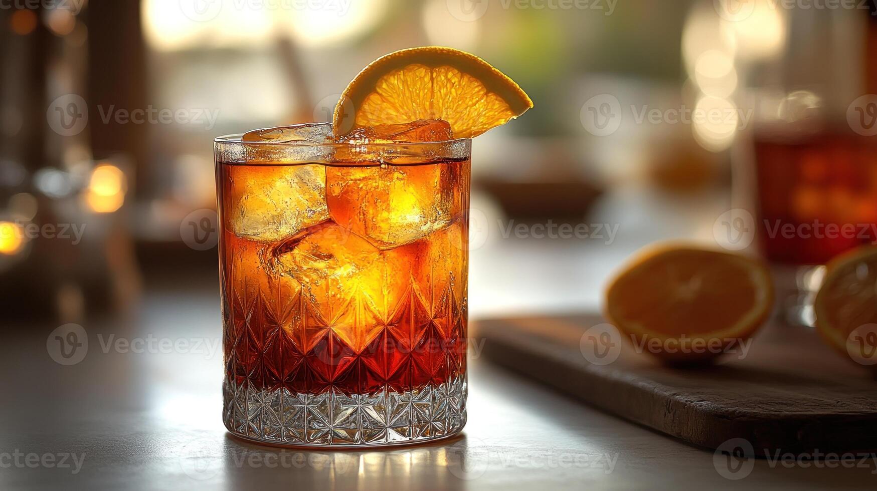 A vibrant cocktail shines with ice and citrus, capturing the warmth of evening light photo