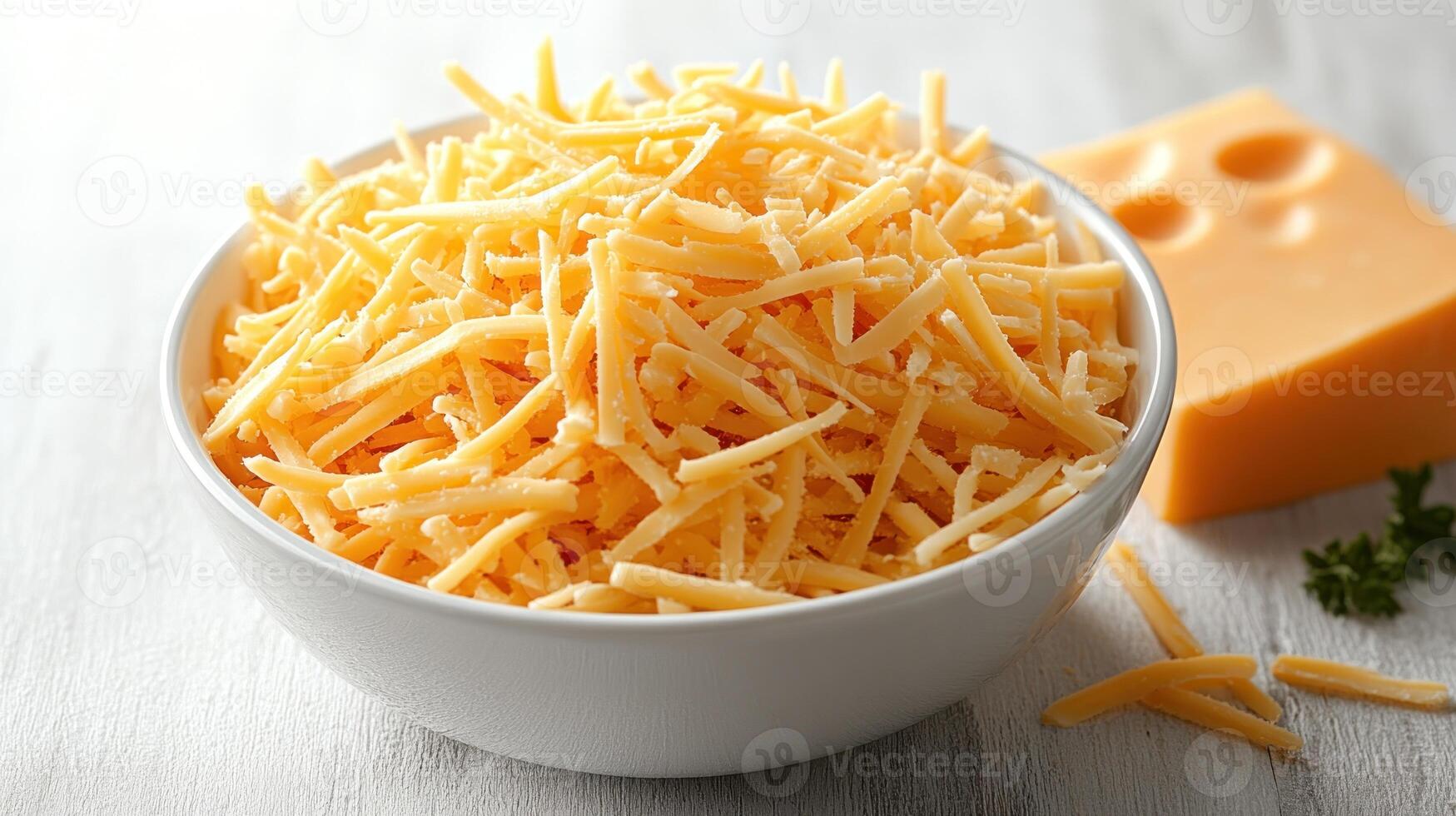 A bowl of shredded cheddar cheese sits by a block, perfect for tasty recipes photo