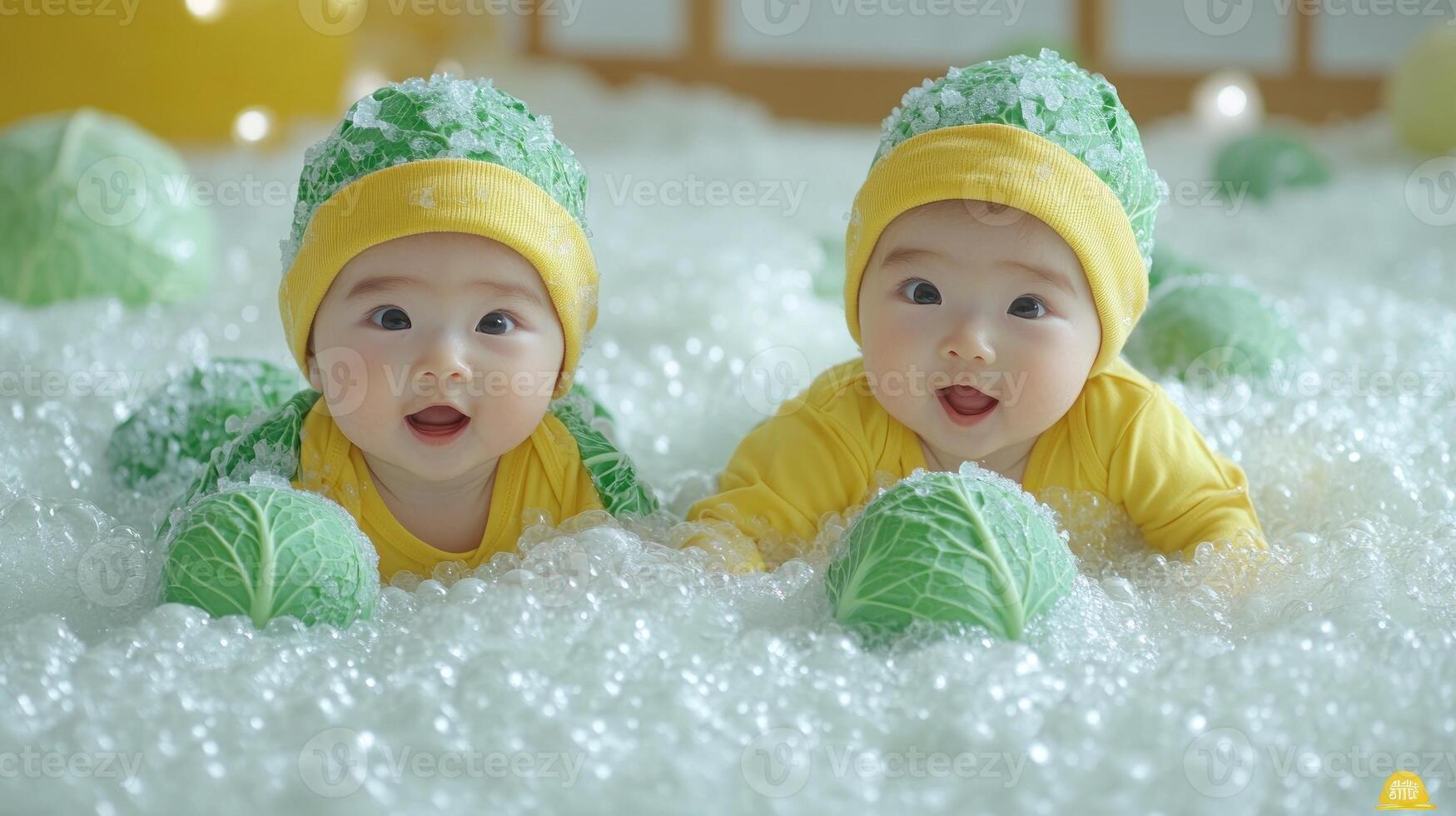 Twins joyfully explore a bubbly setting surrounded by playful cabbage accents photo