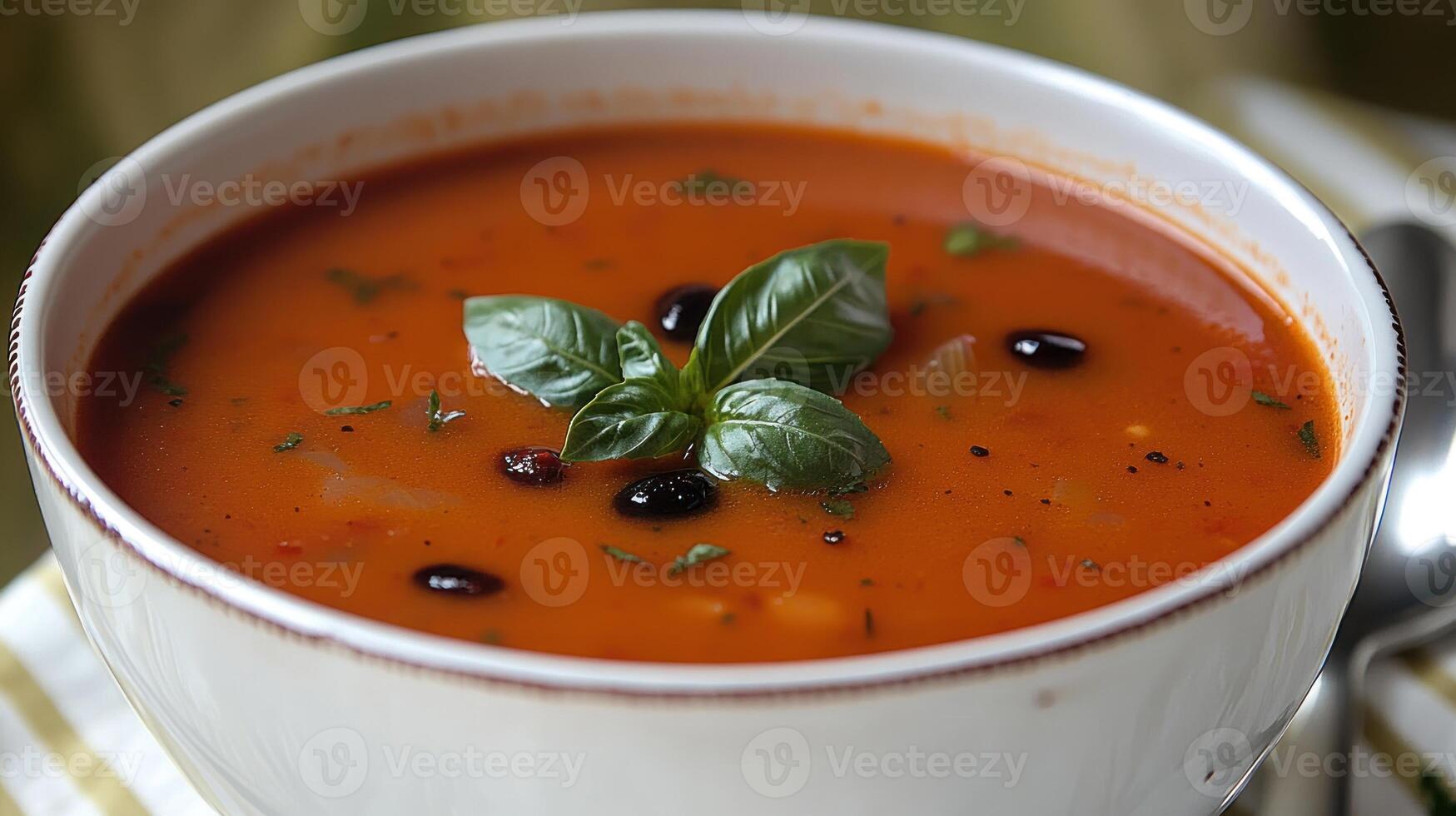 A steaming bowl of tomato soup topped with basil, perfect for a comforting meal photo