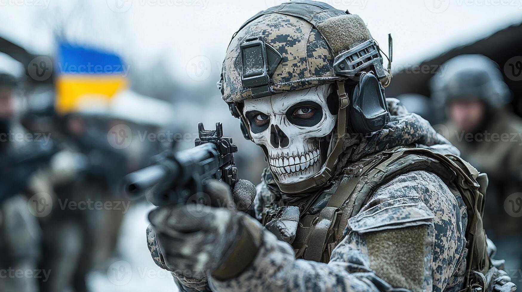 A soldier in winter gear wields a firearm, sporting bold skull face paint photo