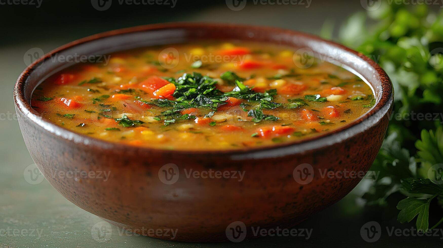 Warm vegetable soup with colorful vegetables, perfect for a cozy meal photo