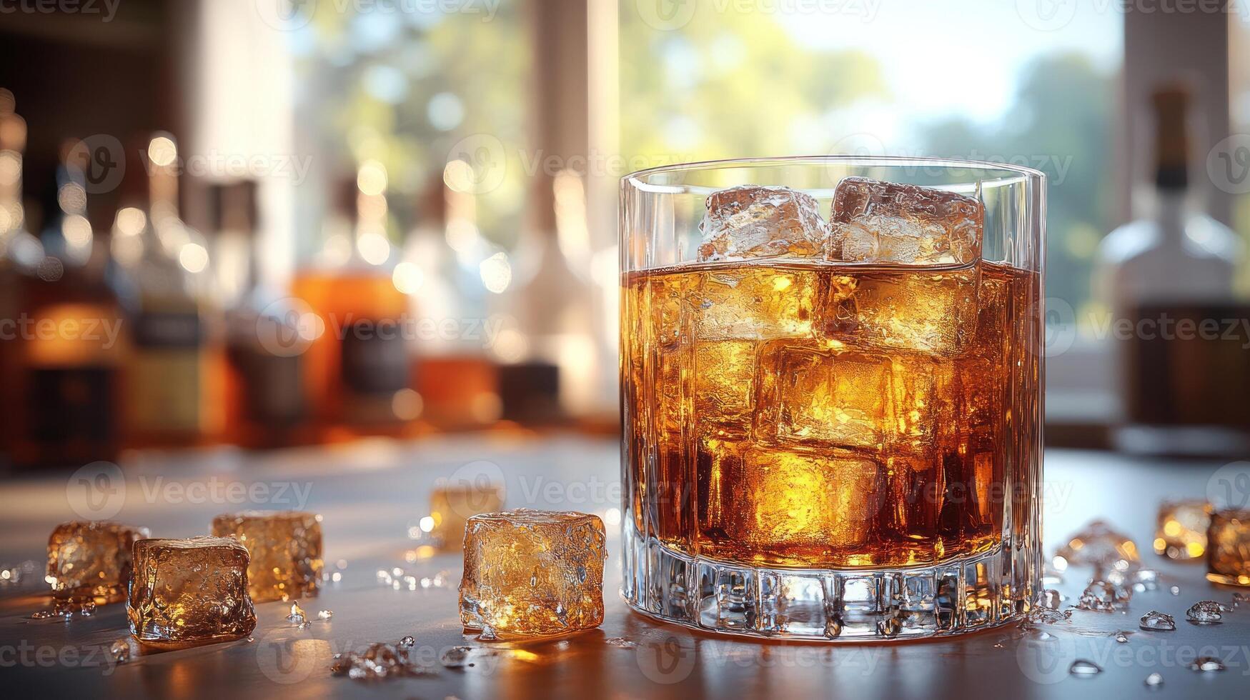 Rich whiskey sits over ice, glistening in the warm glow of a relaxed bar atmosphere photo