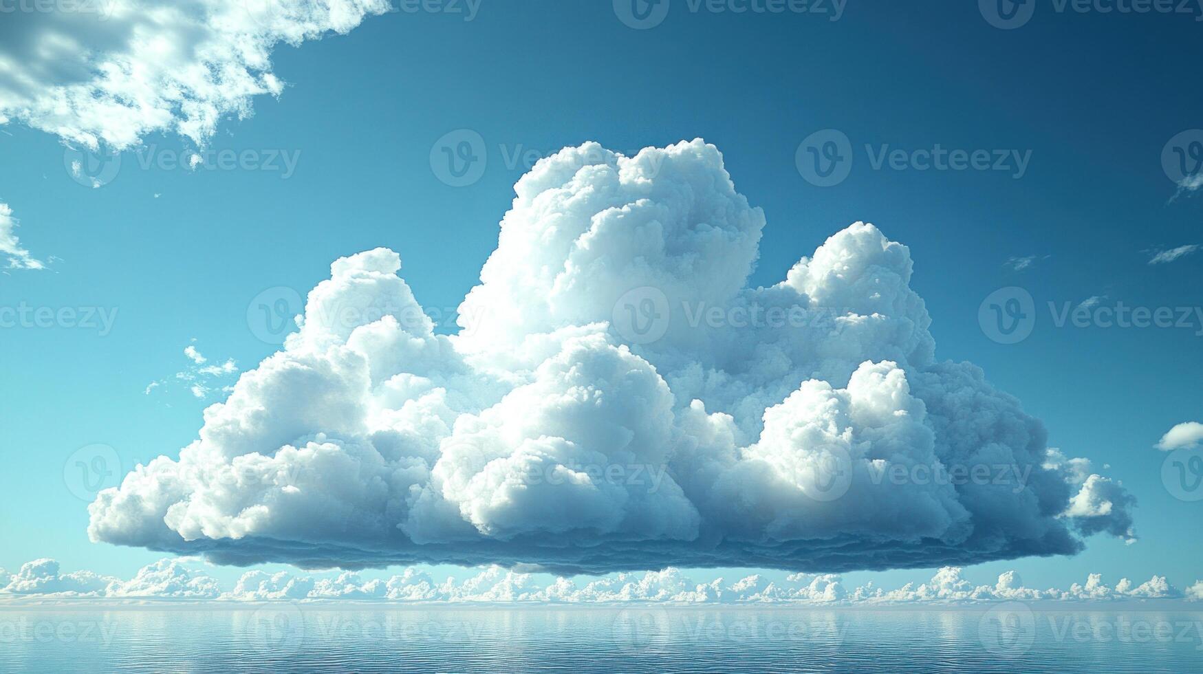 A fluffy cloud hovers peacefully over the calm ocean, reflecting the vibrant sky photo
