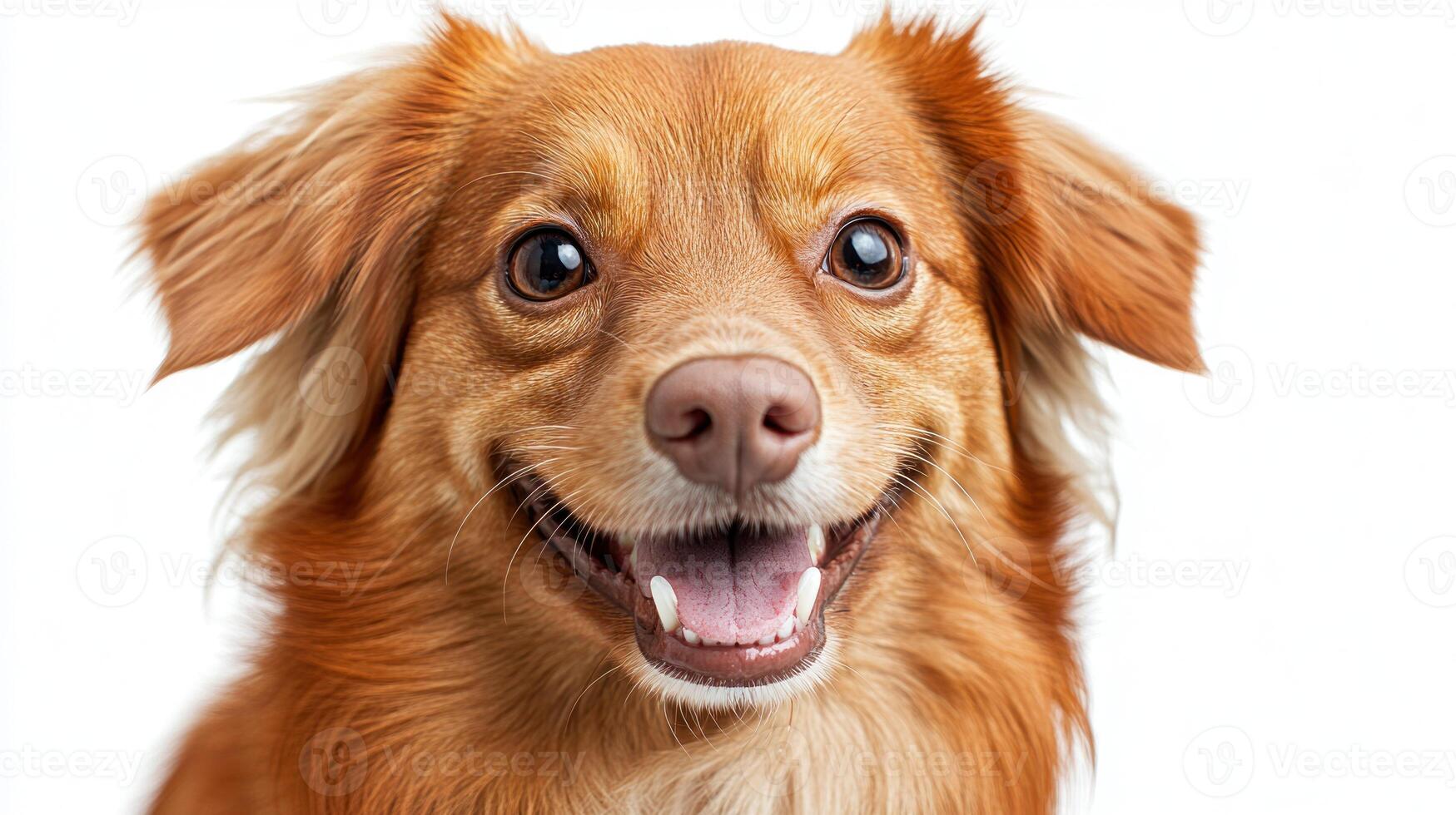 A cheerful, fluffy dog showcases its joy with a big smile and bright eyes photo